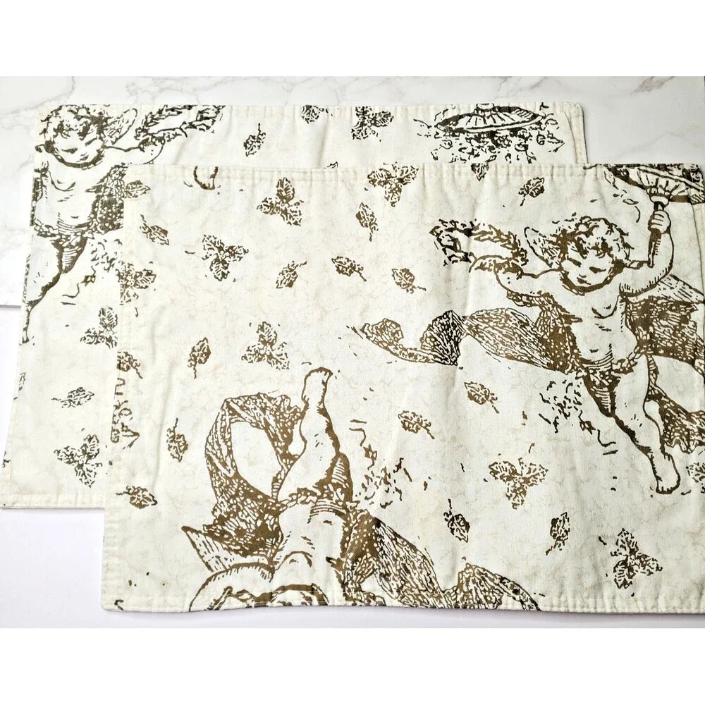 Vintage Placemats 2 Padded Cloth Cream Beige Cherubs Angels 17x12